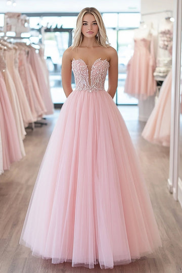 Robe de bal rose scintillante Sweetheart Tulle longue robe de bal avec appliques